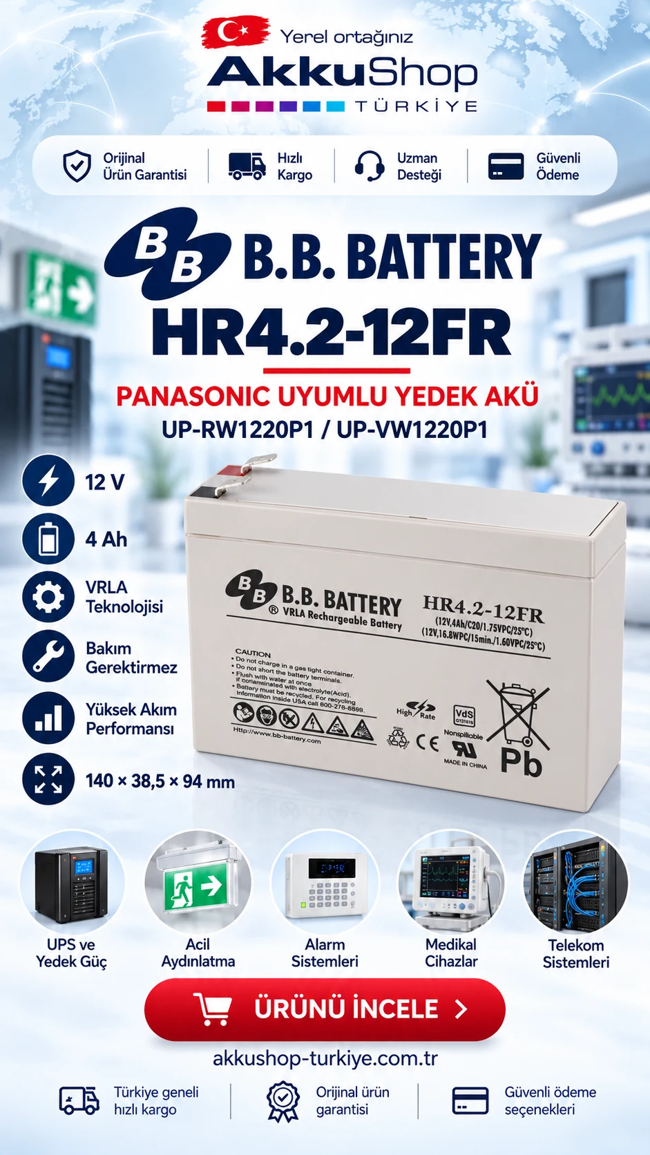 B.B. Battery HR4.2-12FR Panasonic uyumlu 12 volt 4 Ah akü kampanyası