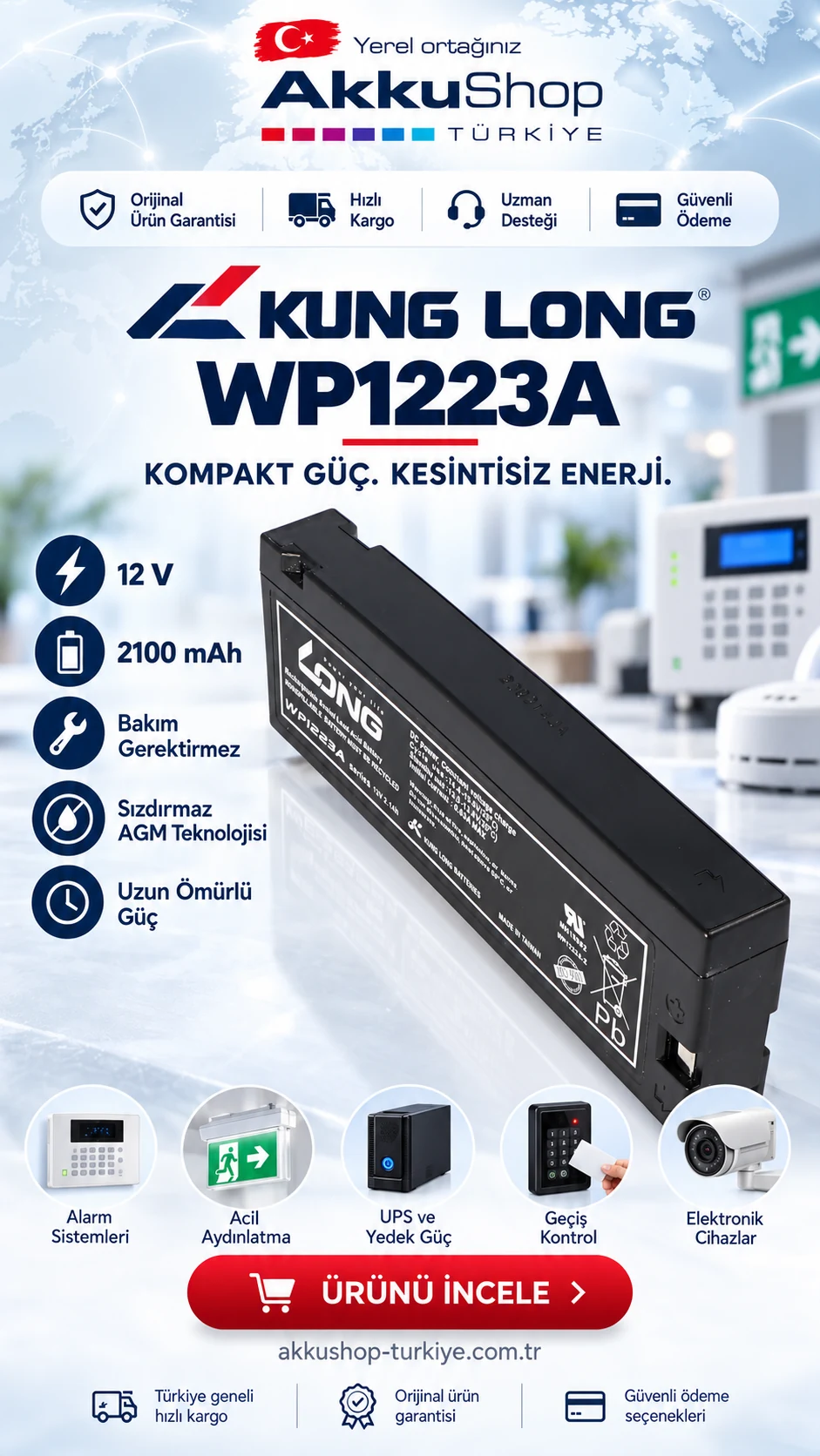 WP1223A Kung Long 12 volt 2100 mAh akü kampanyası