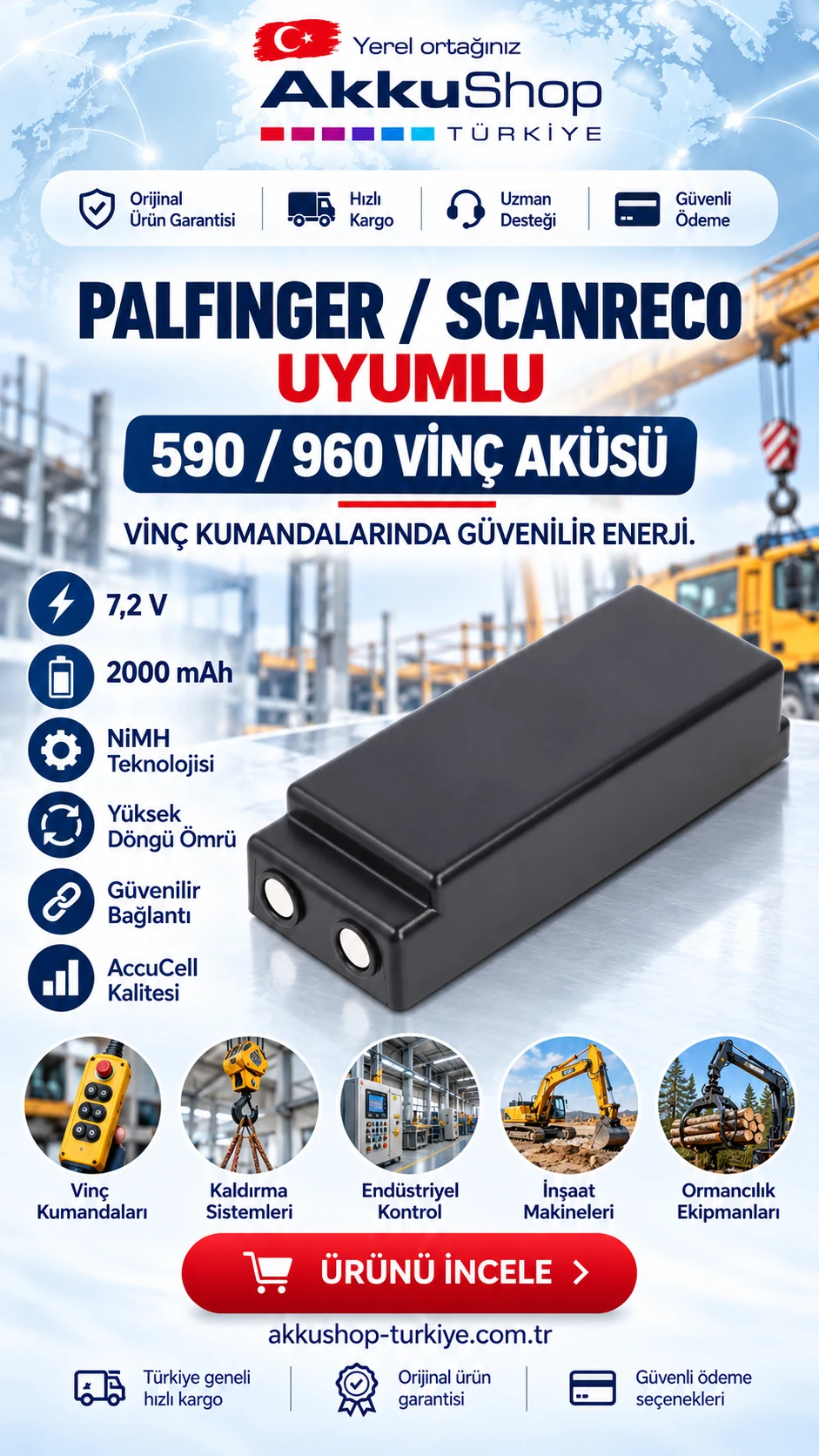 Palfinger Scanreco 590 ve 960 uyumlu 7,2 volt 2000 mAh NiMH vinç aküsü kampanyası