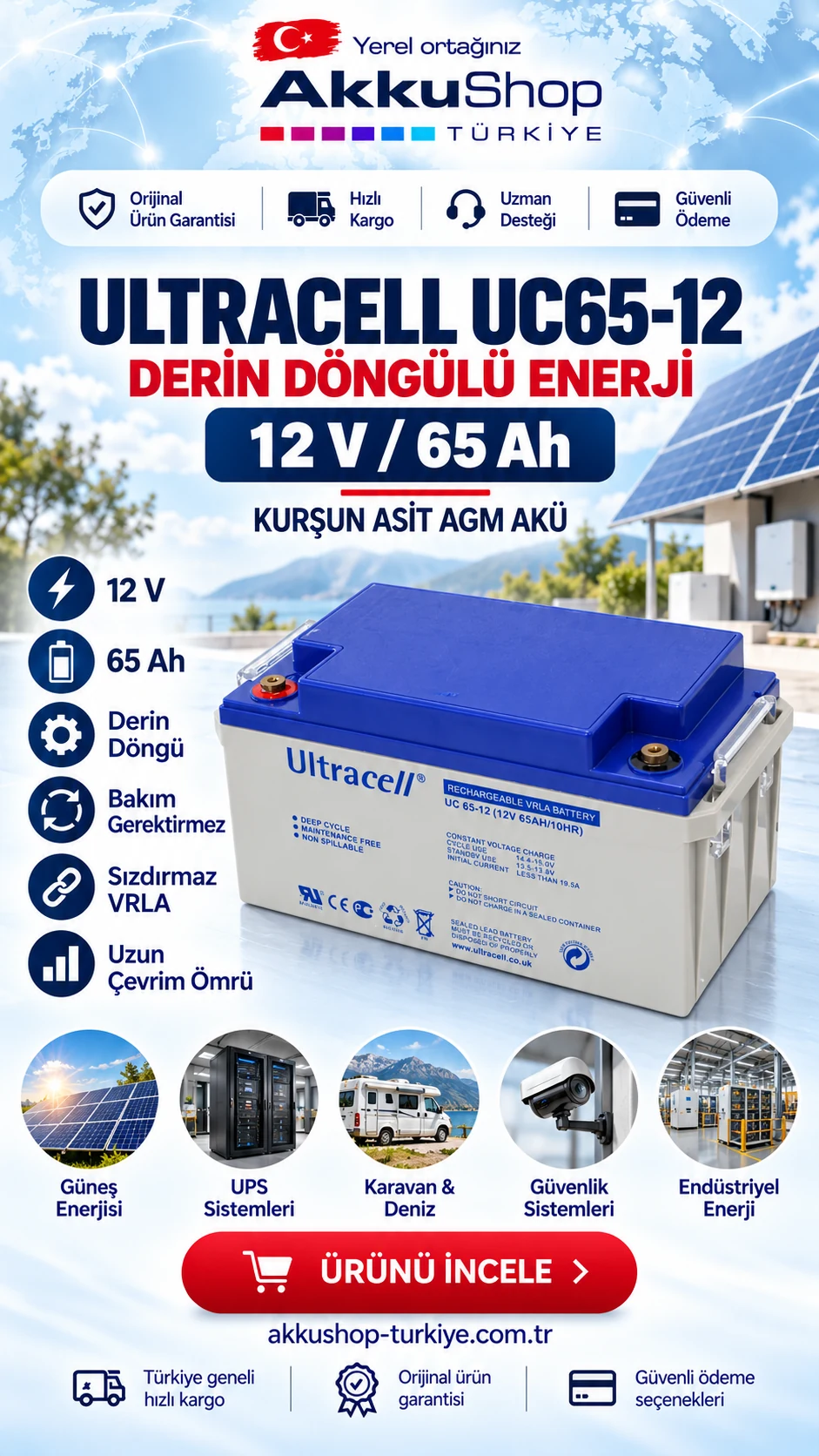 Ultracell UC65-12 12 volt 65 Ah derin döngülü kurşun asit AGM akü kampanyası
