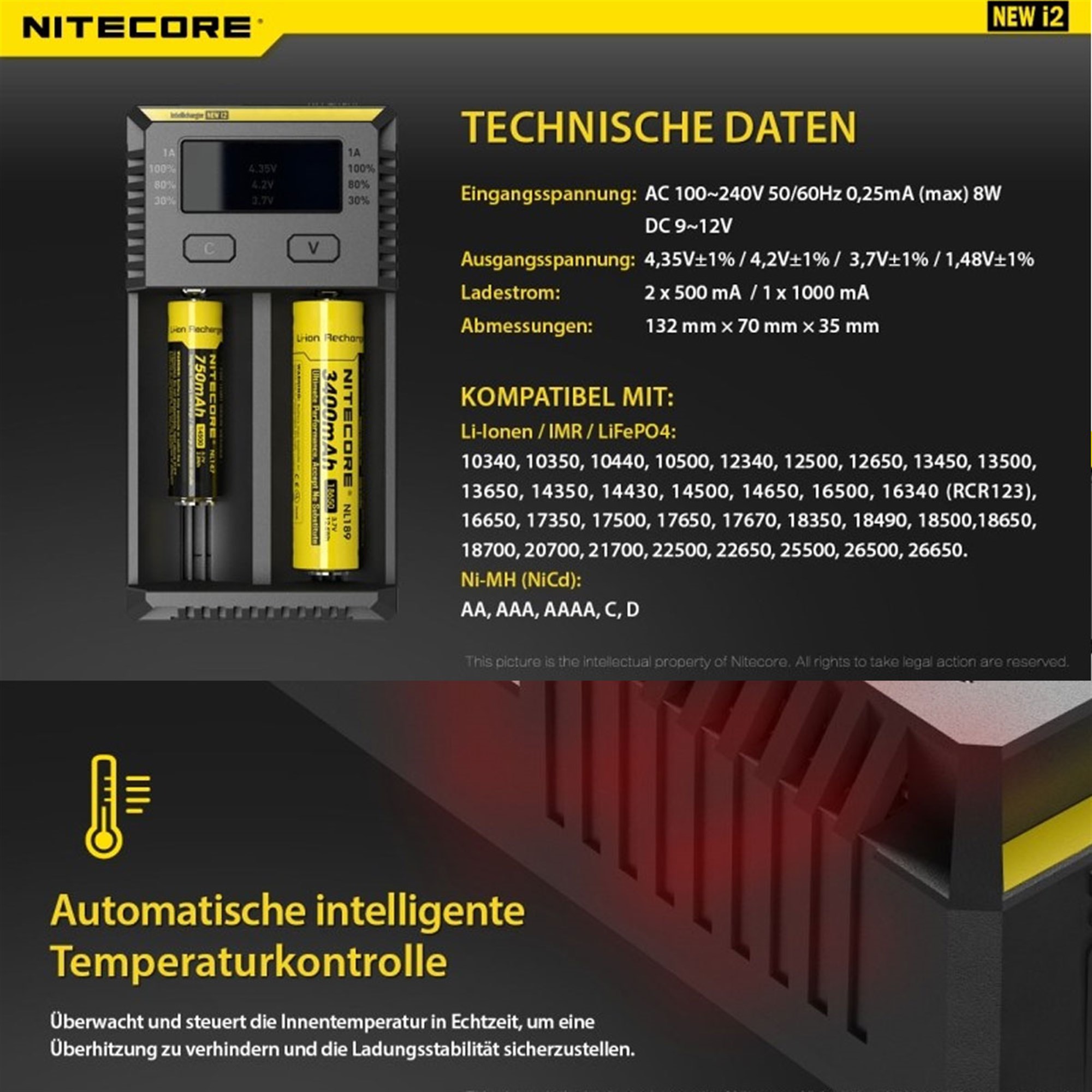 NiteCore 2 Şarj Yuvalı Pil Şarj Cihazı ( Intellicharge i2 YENİ NC-i2)
