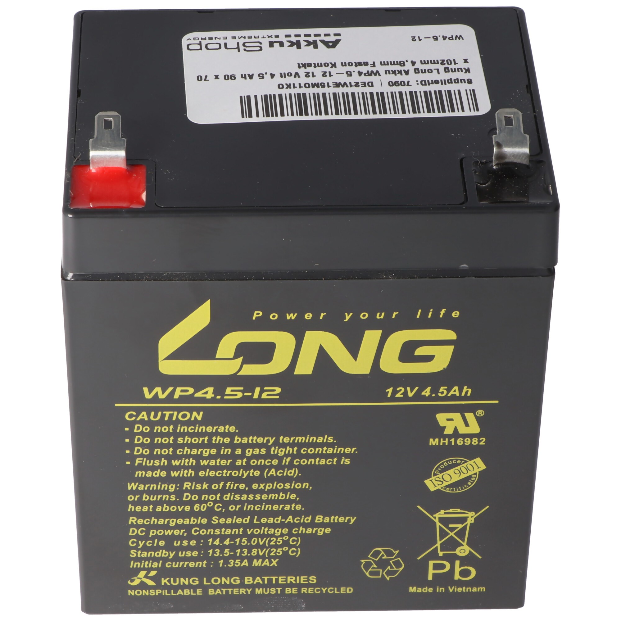 Kung Uzun pil WP4.5-12 12 volt 4.5 Ah 90 x 70 x 102mm 4.8mm Faston kontağı