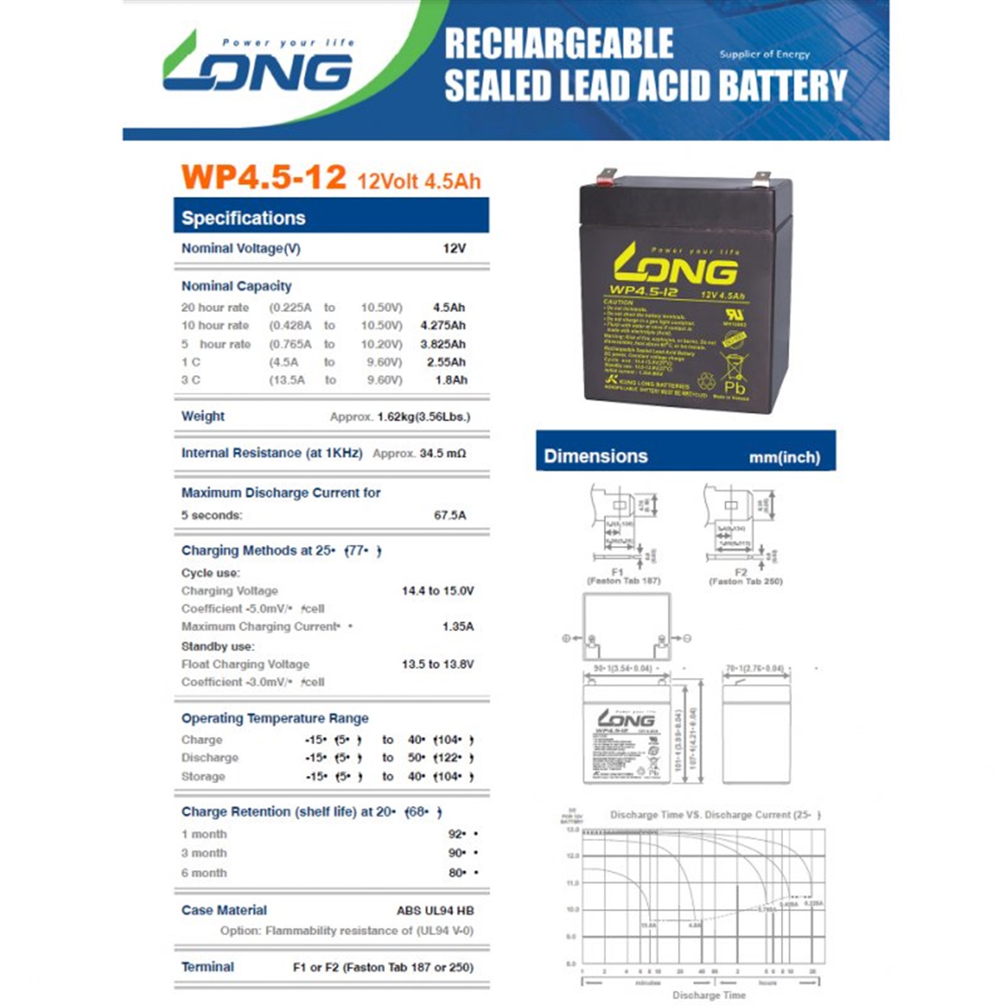 Kung Uzun pil WP4.5-12 12 volt 4.5 Ah 90 x 70 x 102mm 4.8mm Faston kontağı