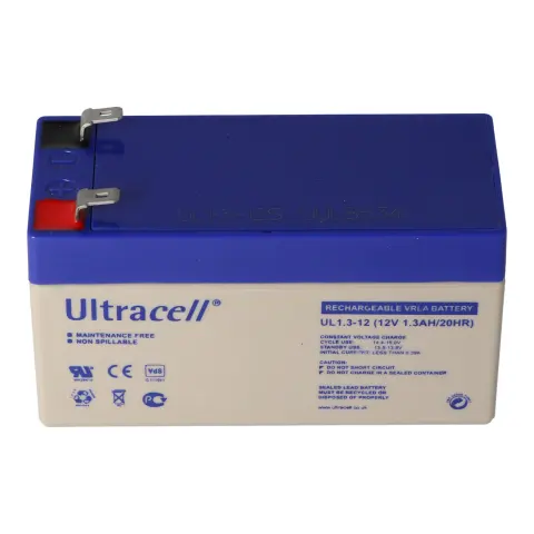 UL1.3-12 Ultracell kurşun pil 12 volt, 2 Faston 4.8mm kontaklı 1.3Ah
