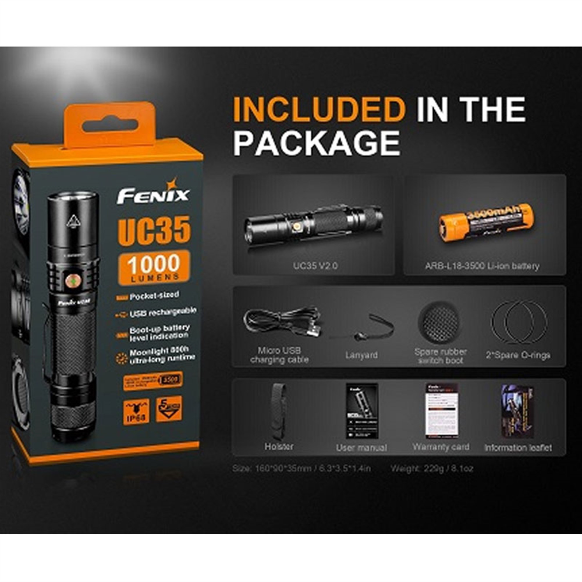 Fenix UC35 V2.0 Li-ion pil 3500mAh ve şarj kablosu dahil USB bağlantılı LED el feneri