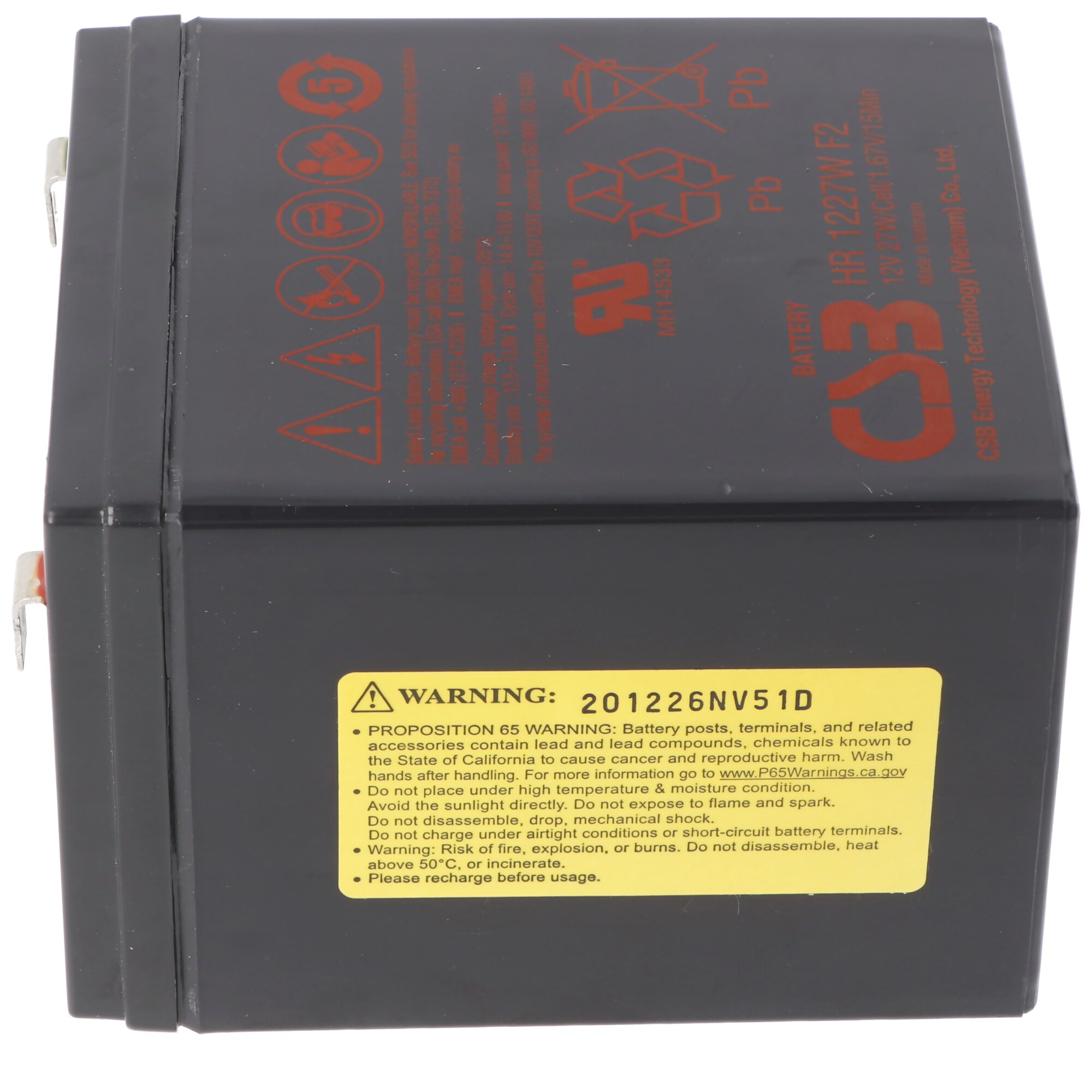 CSB-HR1227WF2 12 volt AGM kurşun asit batarya - 27Wh, 90x70x106mm Faston 6.3mm yüksek akıma dayanıklı