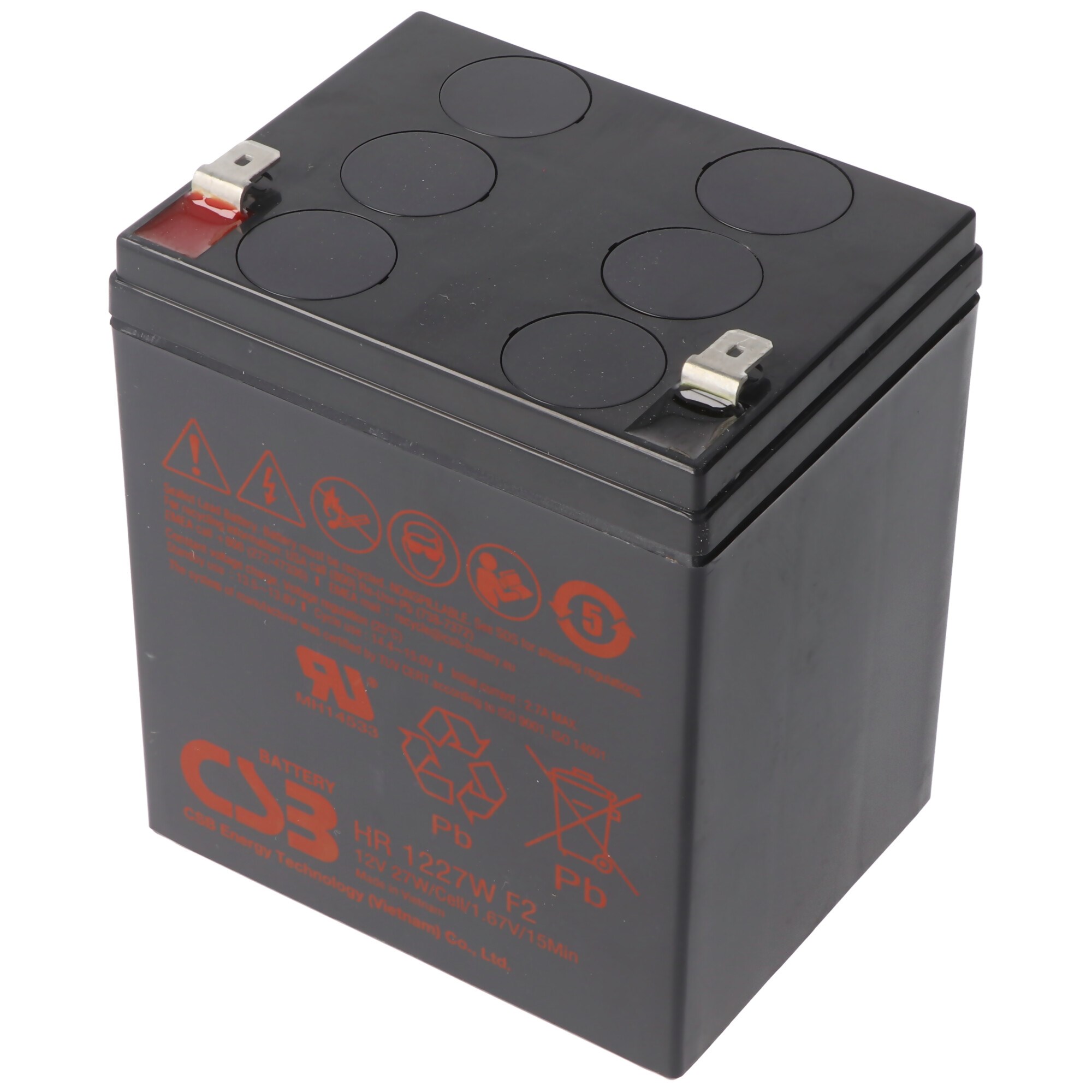 CSB-HR1227WF2 12 volt AGM kurşun asit batarya - 27Wh, 90x70x106mm Faston 6.3mm yüksek akıma dayanıklı