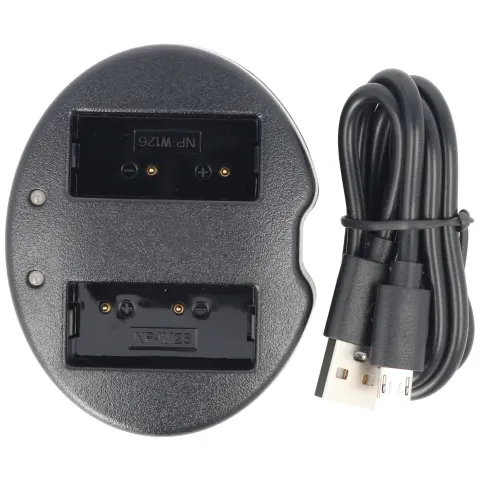 İki Fuji NP-W126 pil için 2 yönlü USB şarj cihazı, şarj adaptörü ve USB şarj kablosu dahil teslimat