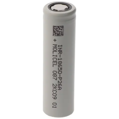 Molicel INR18650-P26A, 2600mAh 35A Li-ion pil, 3.6V - 3.7V korumasız, düz üst, boyutlar 65x18.45mm