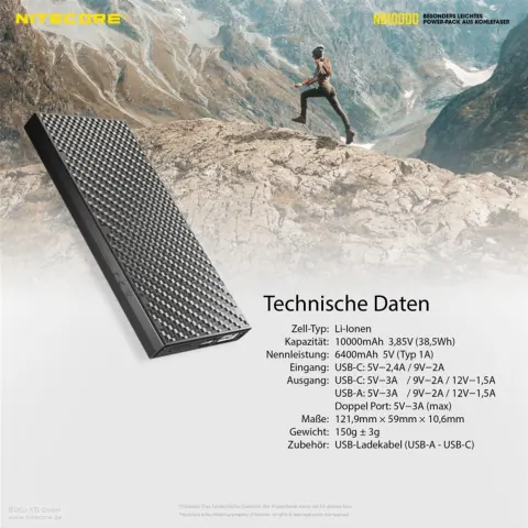 Nitecore 10000 mAh Powerbank Ultra Hafif Karbon Gövde Taşınabilir Şarj Cihazı