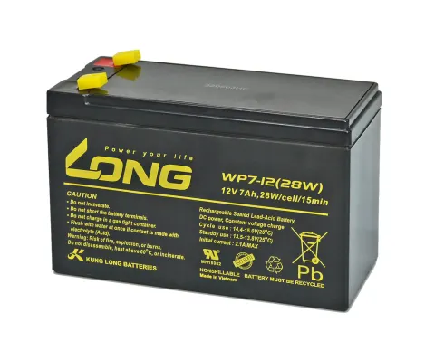 Kung Long bakım gerektirmeyen kurşun-asit akü WP7-12(28W), 6,3 mm Faston bağlantılı 12V/7Ah